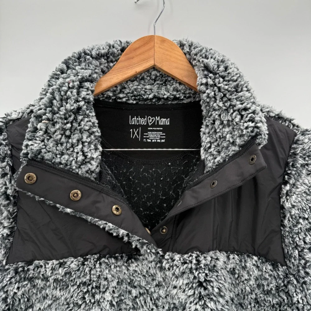 Latched Mama Sherpa Fleece Pullover Breastfeeding Jacket Womens‎ 1X Grey Pockets
